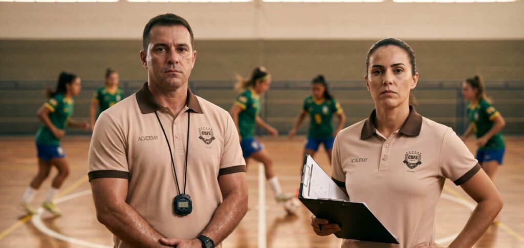Treinadores em quadra de futsal feminino.