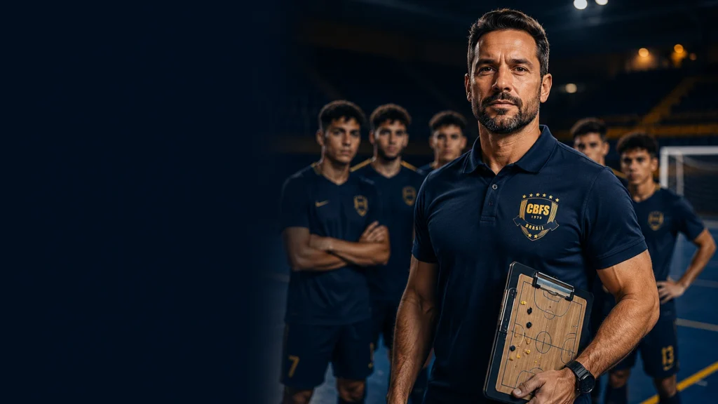 Treinador de futsal com atletas da base, capa da Licença C de Treinador de Futsal da CBFS Academy.