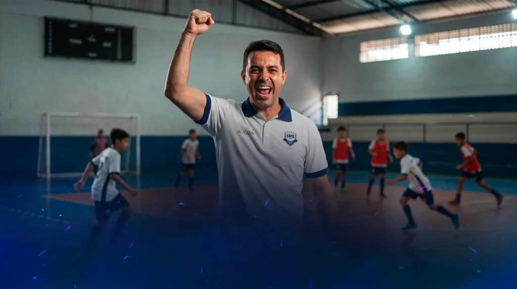 Treinador comemorando com atletas em quadra de futsal, CBFS Academy